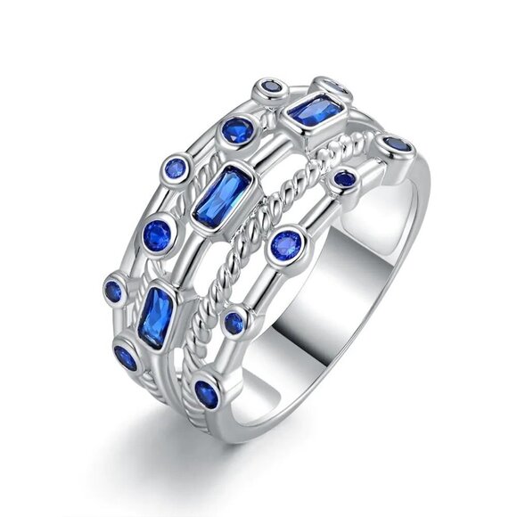 925 Silver Plated Blue Round Rectangle CZ Double Layer Dainty Ring, UNV… - Picture 1 of 2